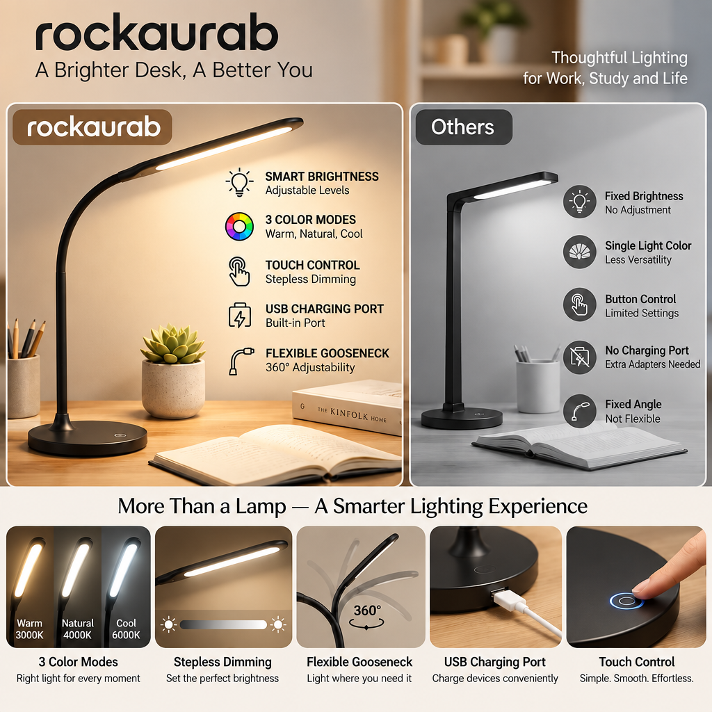 rockaurab Symphony LED Desk Lamp – Flexible Gooseneck Dimmable Task Light with Eye-Caring Light & Touch Control for Home Office, Study & Reading