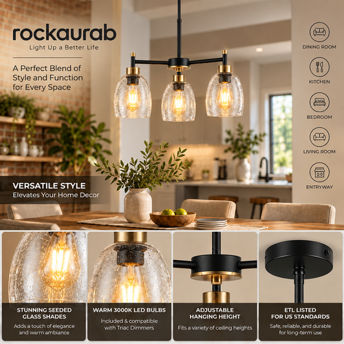 rockaurab Contemporary 3-Light Dining Room Chandelier – Dimmable Warm Glow Hanging Ceiling Fixture with Clear Seeded Glass for Kitchen Island & Living Room