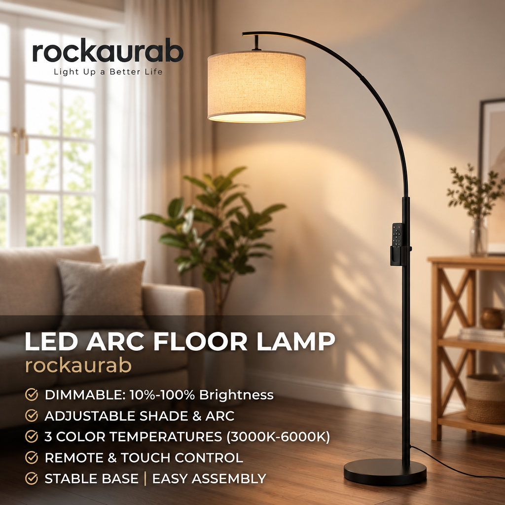 rockaurab Modern LED Arc Floor Lamp with Remote & Touch Control – Dimmable (10%-100%) Arched Standing Reading Light with Fabric Drum Shade for Living Room & Bedroom