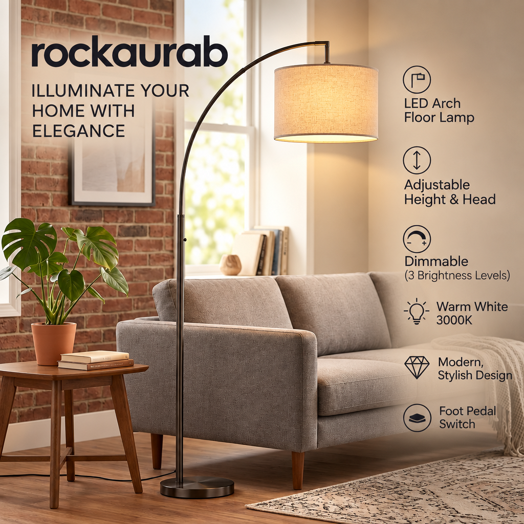 rockaurab Arched Floor Lamp with 3-Way Dimmable Warm White Light (3000K) – Adjustable Height & Head Tall Standing Lamp for Office & Reading Nook