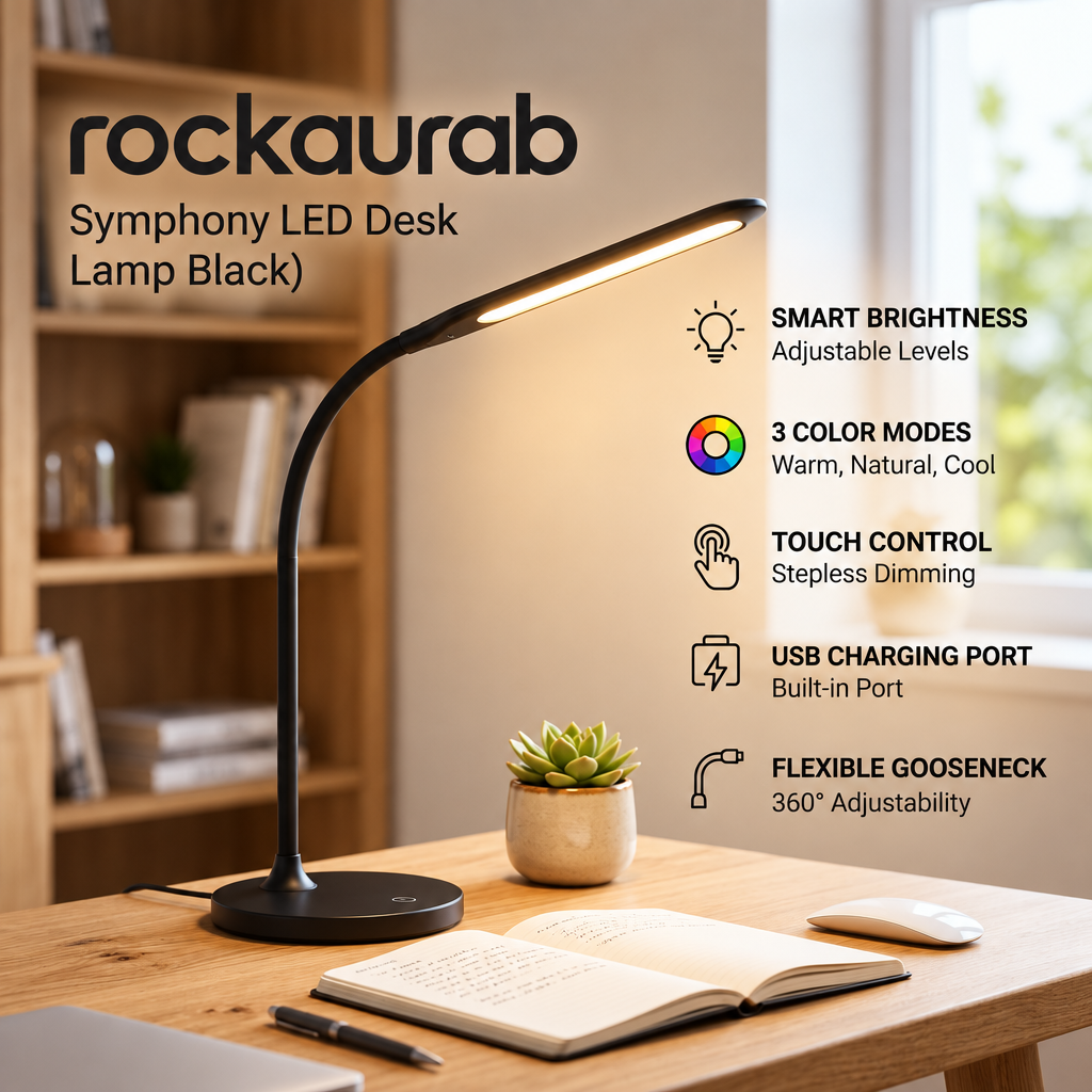 rockaurab Symphony LED Desk Lamp – Flexible Gooseneck Dimmable Task Light with Eye-Caring Light & Touch Control for Home Office, Study & Reading