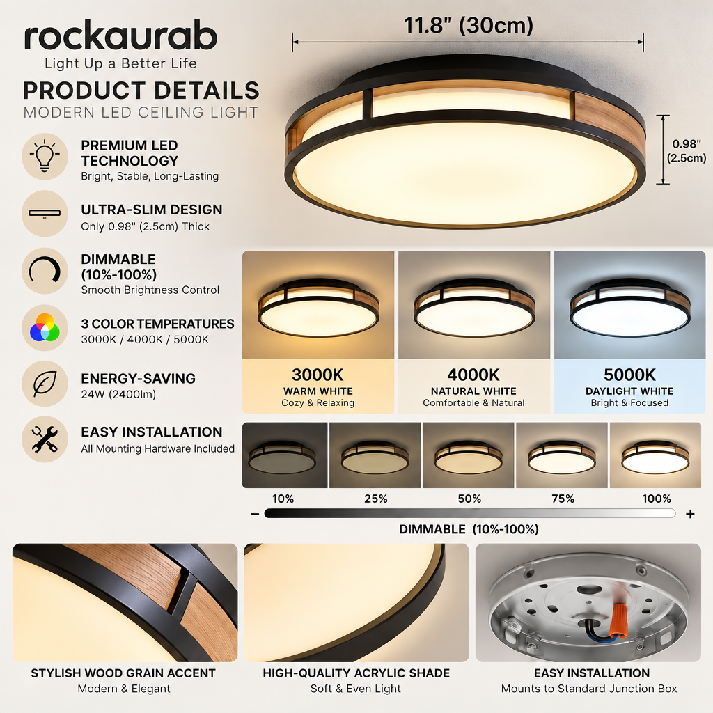 rockaurab Ultra-Slim (0.98") Round LED Ceiling Lamp with Natural Wood Grain Accent – Dimmable 3CCT Overhead Light Fixture for Living Room, Bedroom & Hallway