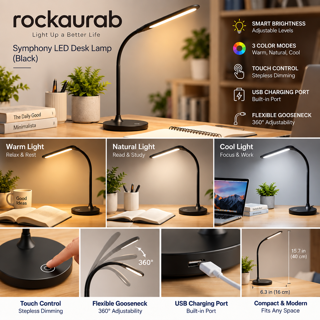 rockaurab Symphony LED Desk Lamp – Flexible Gooseneck Dimmable Task Light with Eye-Caring Light & Touch Control for Home Office, Study & Reading