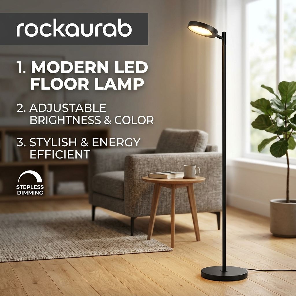 rockaurab Modern LED Torchiere Floor Lamp – Stepless Dimmable Standing Pole Light with Adjustable Swivel Head & Color Temperature for Living Room & Bedroom