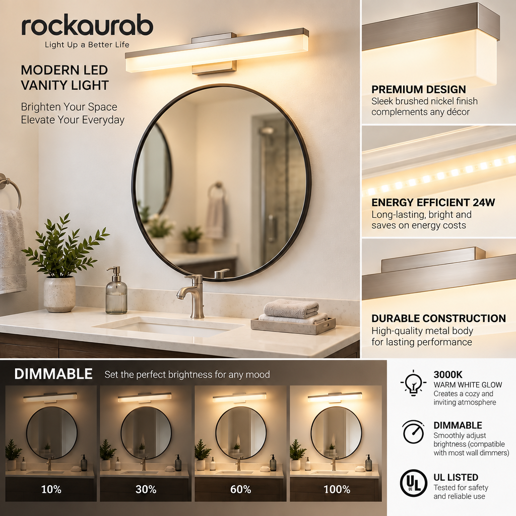 rockaurab Modern LED Bathroom Vanity Light – 24W Dimmable Brushed Nickel Wall Sconce, 3000K Warm White Glow Over-Mirror Lighting (UL Listed)