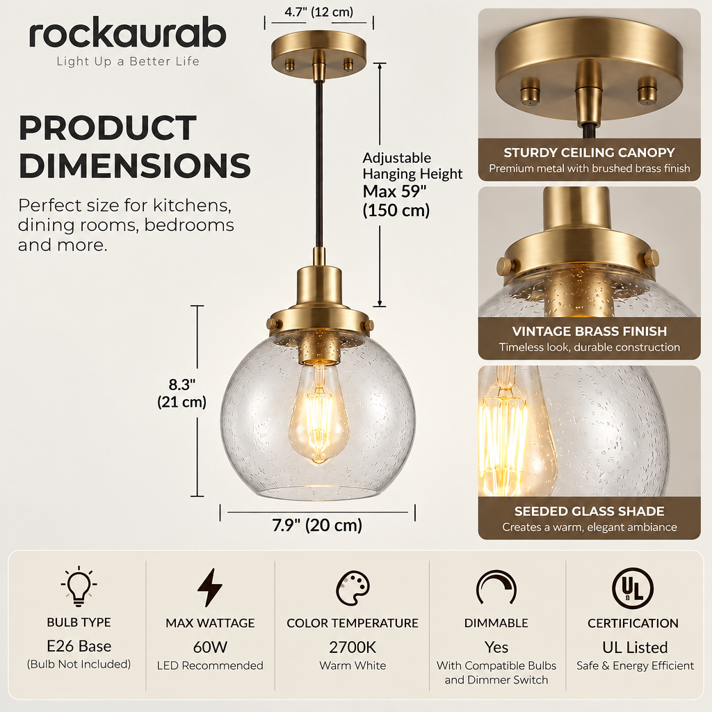 rockaurab Modern Globe Pendant Light with Clear Seeded Glass Shade – Brushed Brass Industrial Farmhouse Hanging Light Fixture for Kitchen Island, Dining Table & Hallway