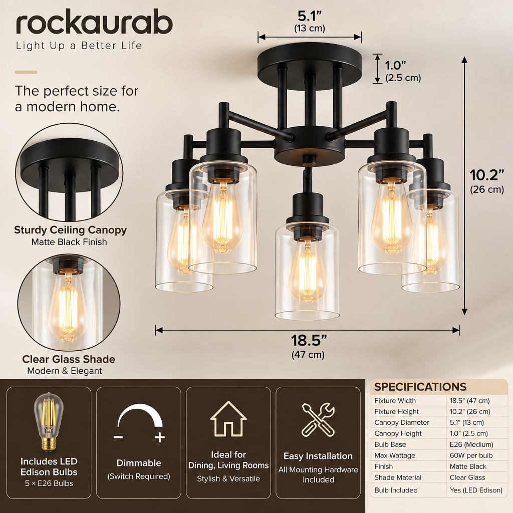 rockaurab Contemporary 5-Light Industrial Ceiling Fixture – Dimmable Matte Black Hanging Lamp with Clear Glass Shades for Dining Room, Living Room & Kitchen