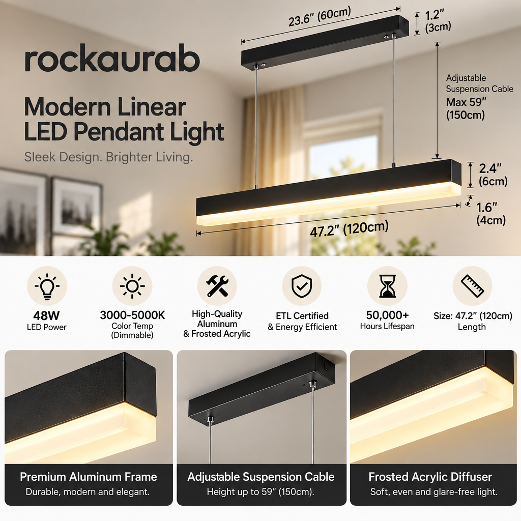 rockaurab Modern LED Linear Pendant Chandelier – Matte Black Hanging Ceiling Fixture with Anti-Glare Acrylic Diffuser for Kitchen Island, Dining Room & Conference Table