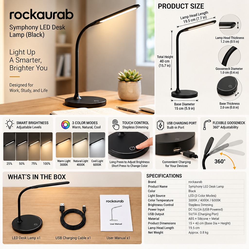 rockaurab Symphony LED Desk Lamp – Flexible Gooseneck Dimmable Task Light with Eye-Caring Light & Touch Control for Home Office, Study & Reading