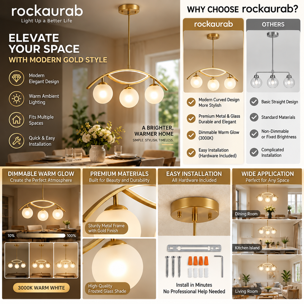 rockaurab Contemporary Brushed Brass Linear Pendant Lighting – 3-Light Frosted Milk Glass Chandelier for Kitchen Island, Dining Table & Living Room