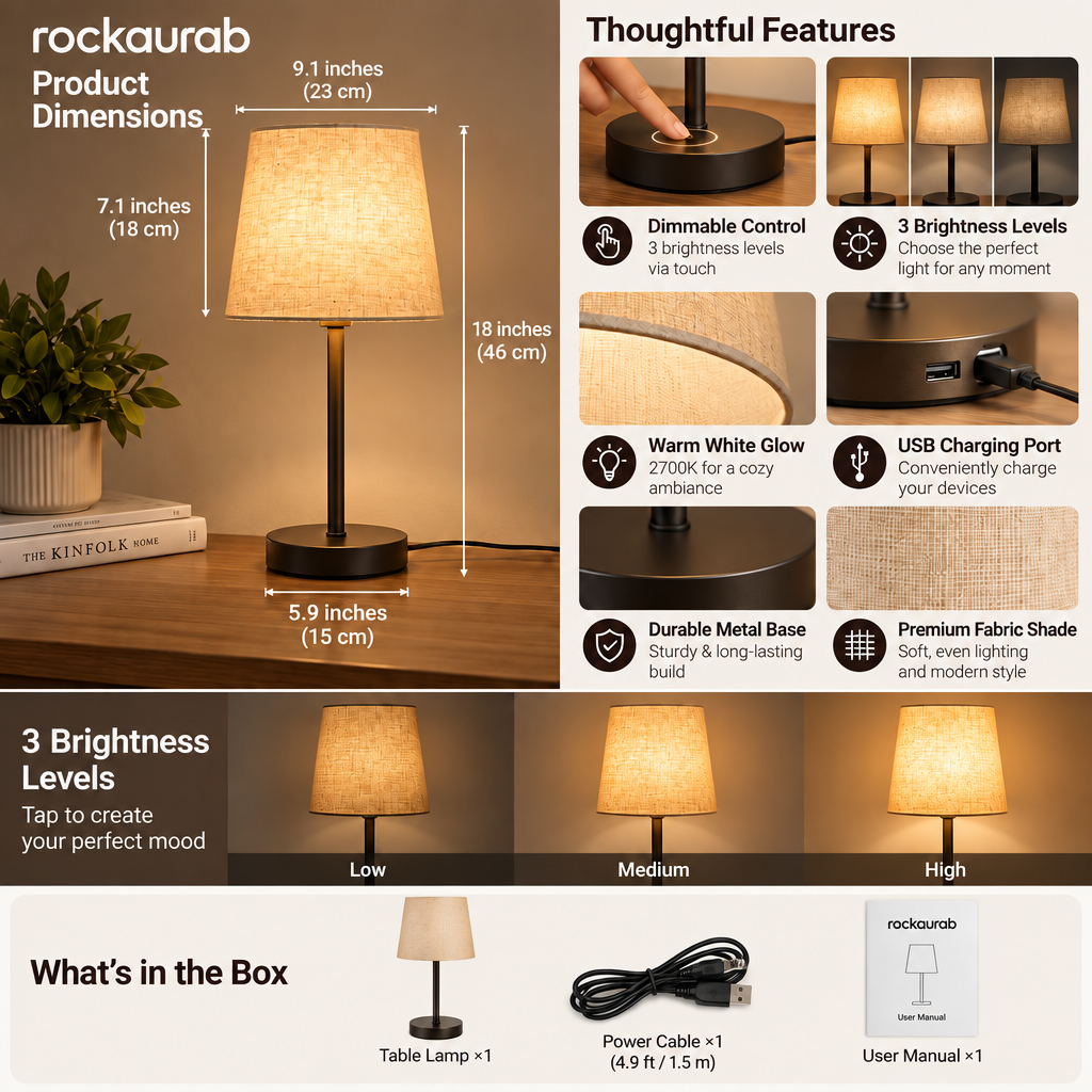 rockaurab Contemporary Small Table Lamp – Warm Light Tapered Drum Shade Lamp with Heavy Metal Base for Nightstand & Reading Nook