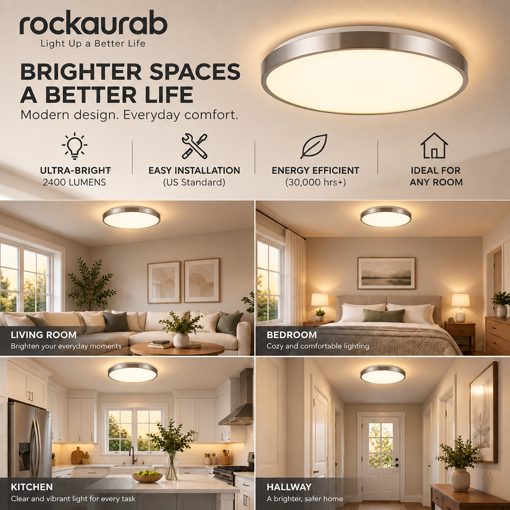 rockaurab Flush Mount LED Ceiling Light Fixture – Modern Brushed Nickel Round Ceiling Lamp, Ultra-Bright 2400 Lumens for Living Room, Bedroom, Kitchen & Hallway