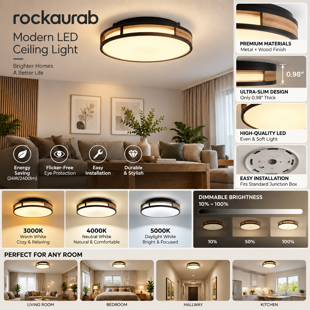 rockaurab Ultra-Slim (0.98") Round LED Ceiling Lamp with Natural Wood Grain Accent – Dimmable 3CCT Overhead Light Fixture for Living Room, Bedroom & Hallway