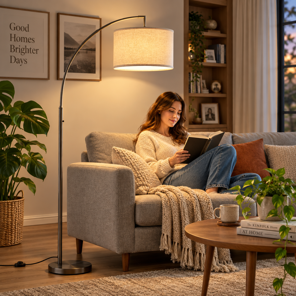 rockaurab Arched Floor Lamp with 3-Way Dimmable Warm White Light (3000K) – Adjustable Height & Head Tall Standing Lamp for Office & Reading Nook