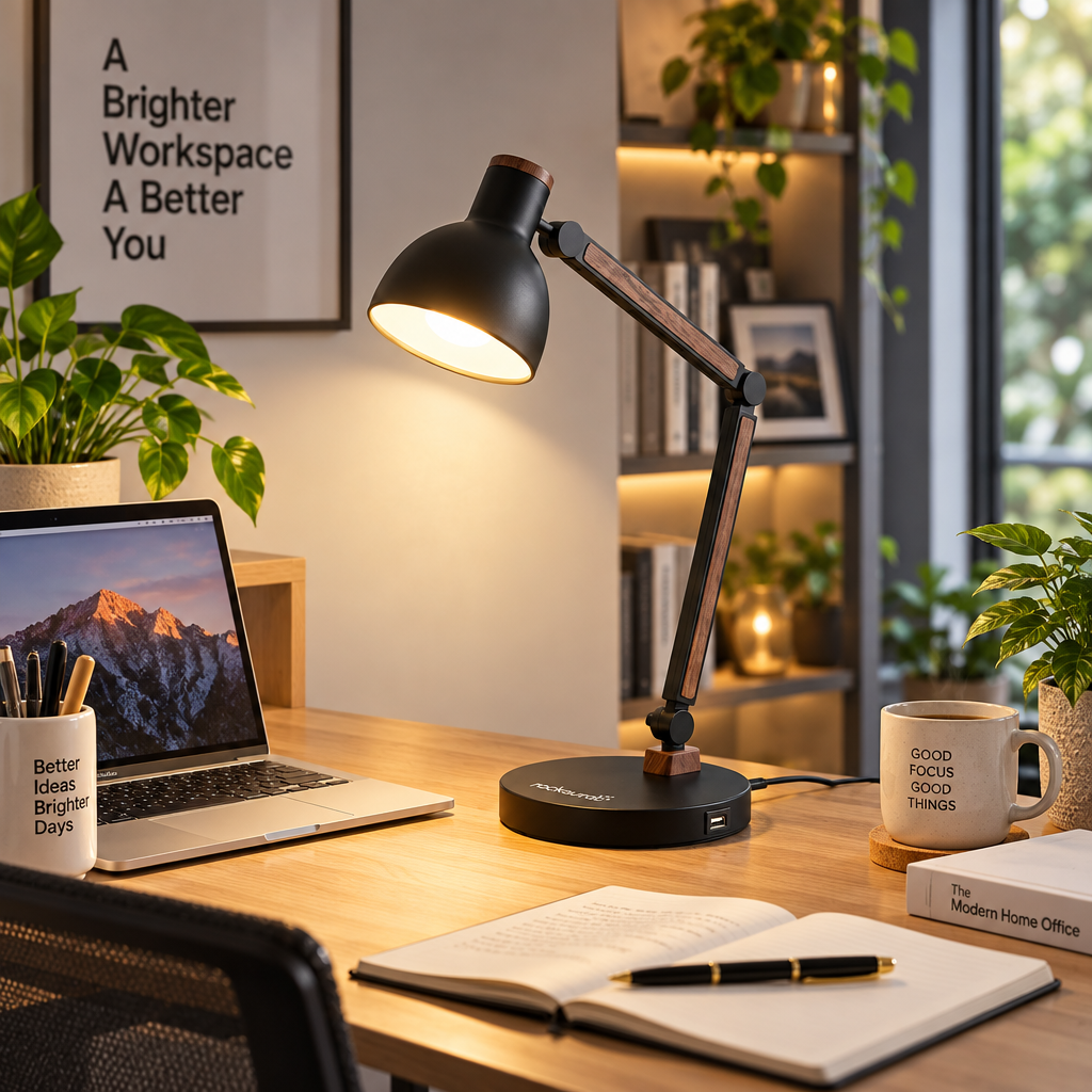 rockaurab Modern Matte Black & Wood Desk Lamp – Adjustable Swing Arm Reading Lamp with 3 Color Modes & 5 Brightness Levels