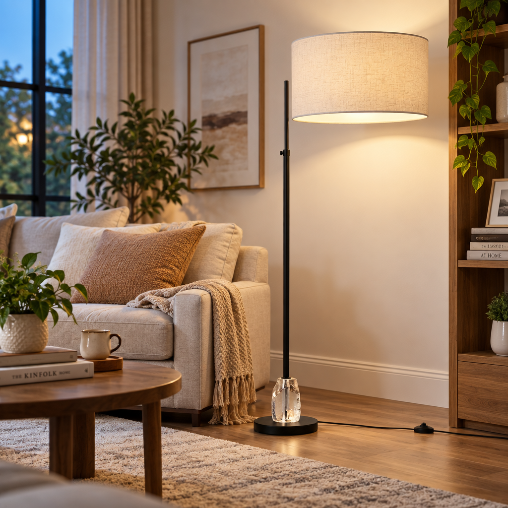 rockaurab Modern LED Floor Lamp with Natural Rock Crystal Accent Base – Height Adjustable (55-65") Dimmable Standing Pole Lamp with Drum Fabric Shade for Living Room & Bedroom