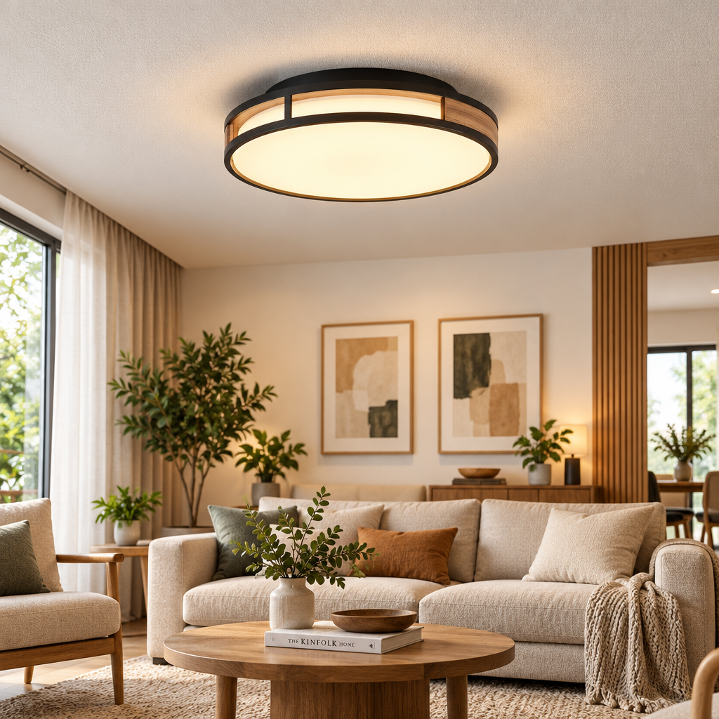 rockaurab Ultra-Slim (0.98") Round LED Ceiling Lamp with Natural Wood Grain Accent – Dimmable 3CCT Overhead Light Fixture for Living Room, Bedroom & Hallway
