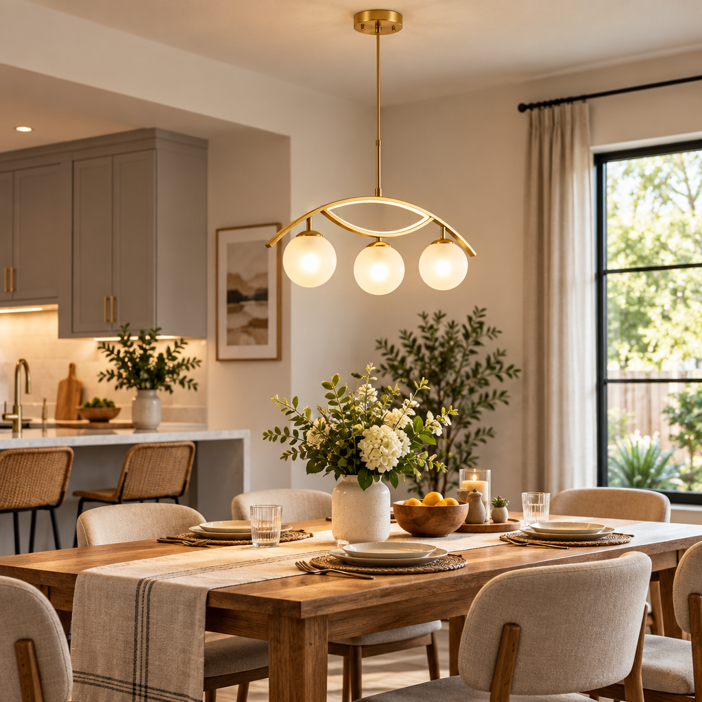 rockaurab Contemporary Brushed Brass Linear Pendant Lighting – 3-Light Frosted Milk Glass Chandelier for Kitchen Island, Dining Table & Living Room