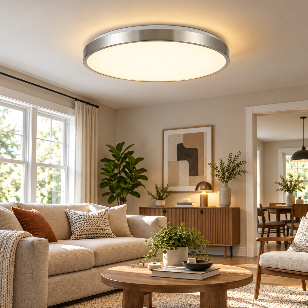 rockaurab Flush Mount LED Ceiling Light Fixture – Modern Brushed Nickel Round Ceiling Lamp, Ultra-Bright 2400 Lumens for Living Room, Bedroom, Kitchen & Hallway