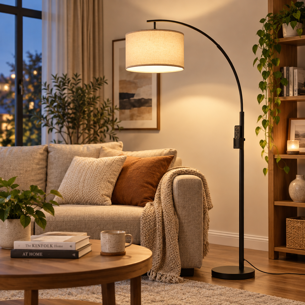 rockaurab Modern LED Arc Floor Lamp with Remote & Touch Control – Dimmable (10%-100%) Arched Standing Reading Light with Fabric Drum Shade for Living Room & Bedroom