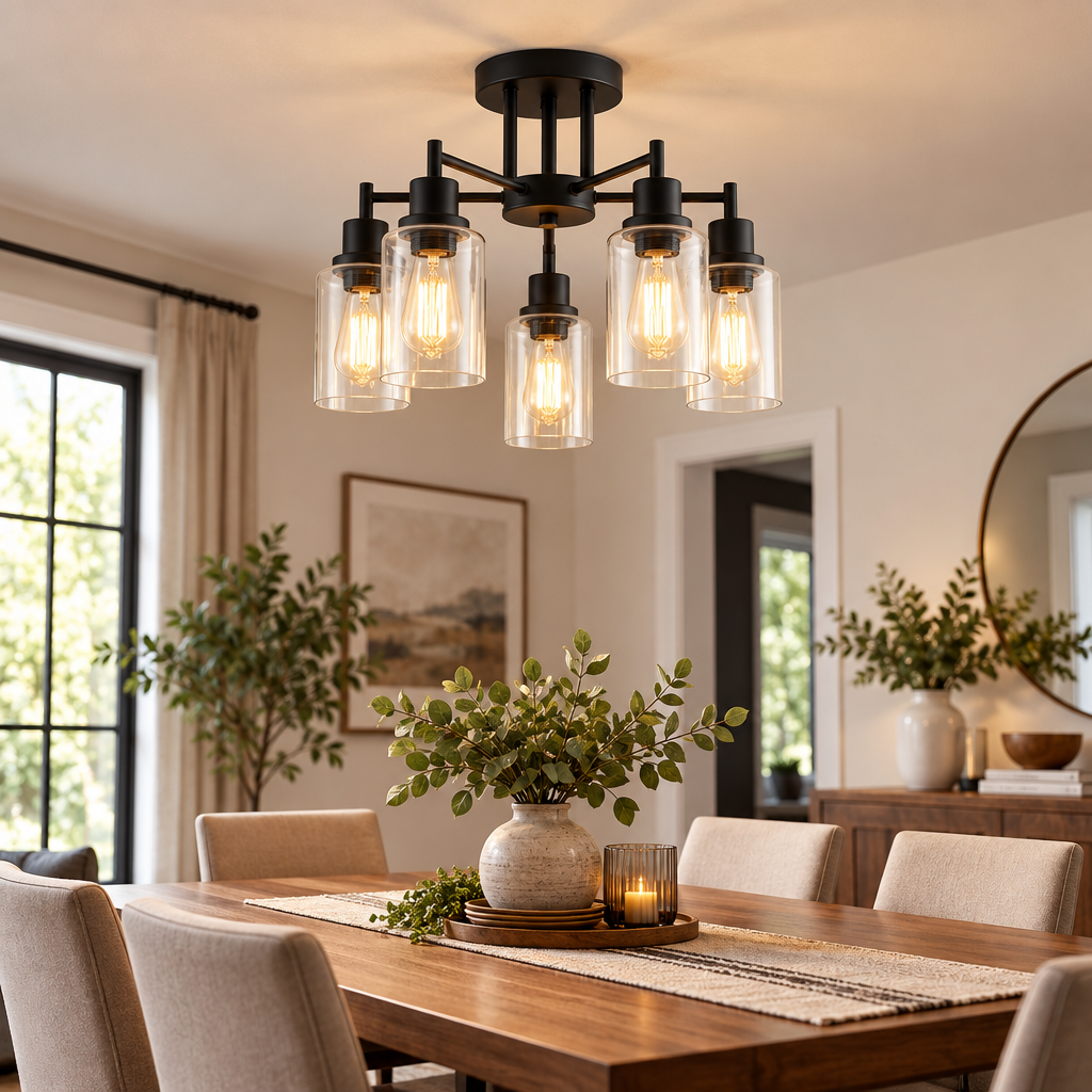 rockaurab Contemporary 5-Light Industrial Ceiling Fixture – Dimmable Matte Black Hanging Lamp with Clear Glass Shades for Dining Room, Living Room & Kitchen