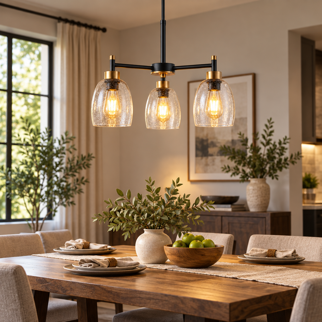 rockaurab Contemporary 3-Light Dining Room Chandelier – Dimmable Warm Glow Hanging Ceiling Fixture with Clear Seeded Glass for Kitchen Island & Living Room